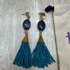 Elizabeth Lanier Turquoise Beaded Dangle Fringe‎ Tassel Earrings Squash Blossom